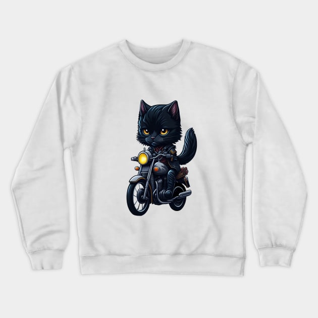 Biker Cute Black Cat Riding Motorcycle Crewneck Sweatshirt by Pixelate Cat